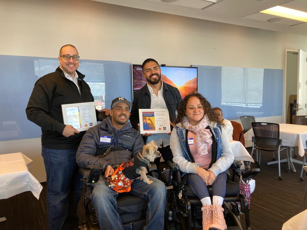 Senator Gustavo Rivera and Assemblymember Kenny Burgos with Advocates Jose Hernandez and Jessica De La Rosa at CHCA’s Fair Pay Luncheon